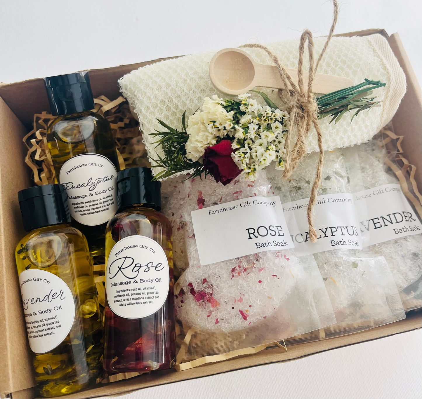 Rose, Lavender and Eucalyptus Bath Soak and Body Oil Gift Box Set