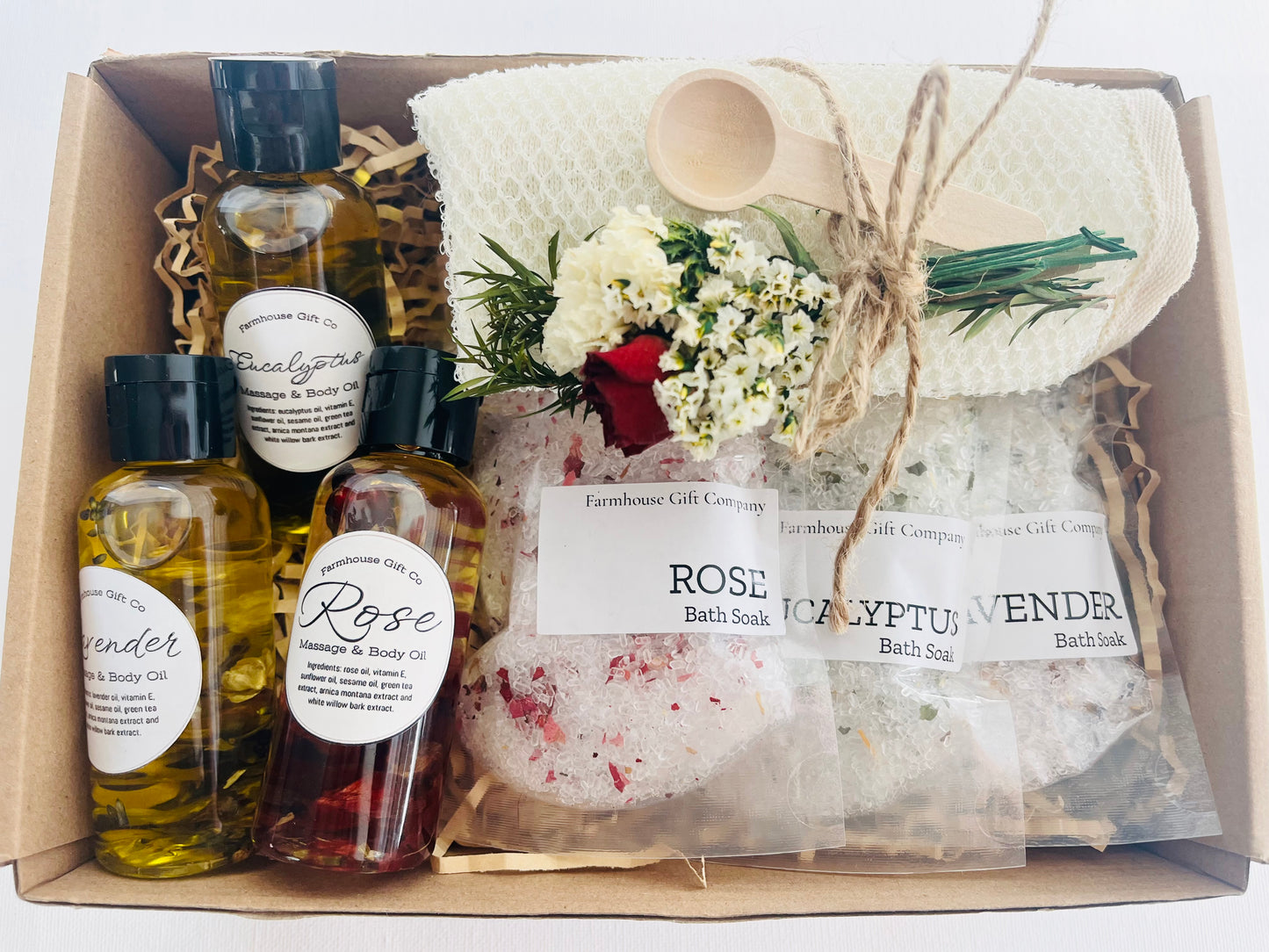 Rose, Lavender and Eucalyptus Bath Soak and Body Oil Gift Box Set